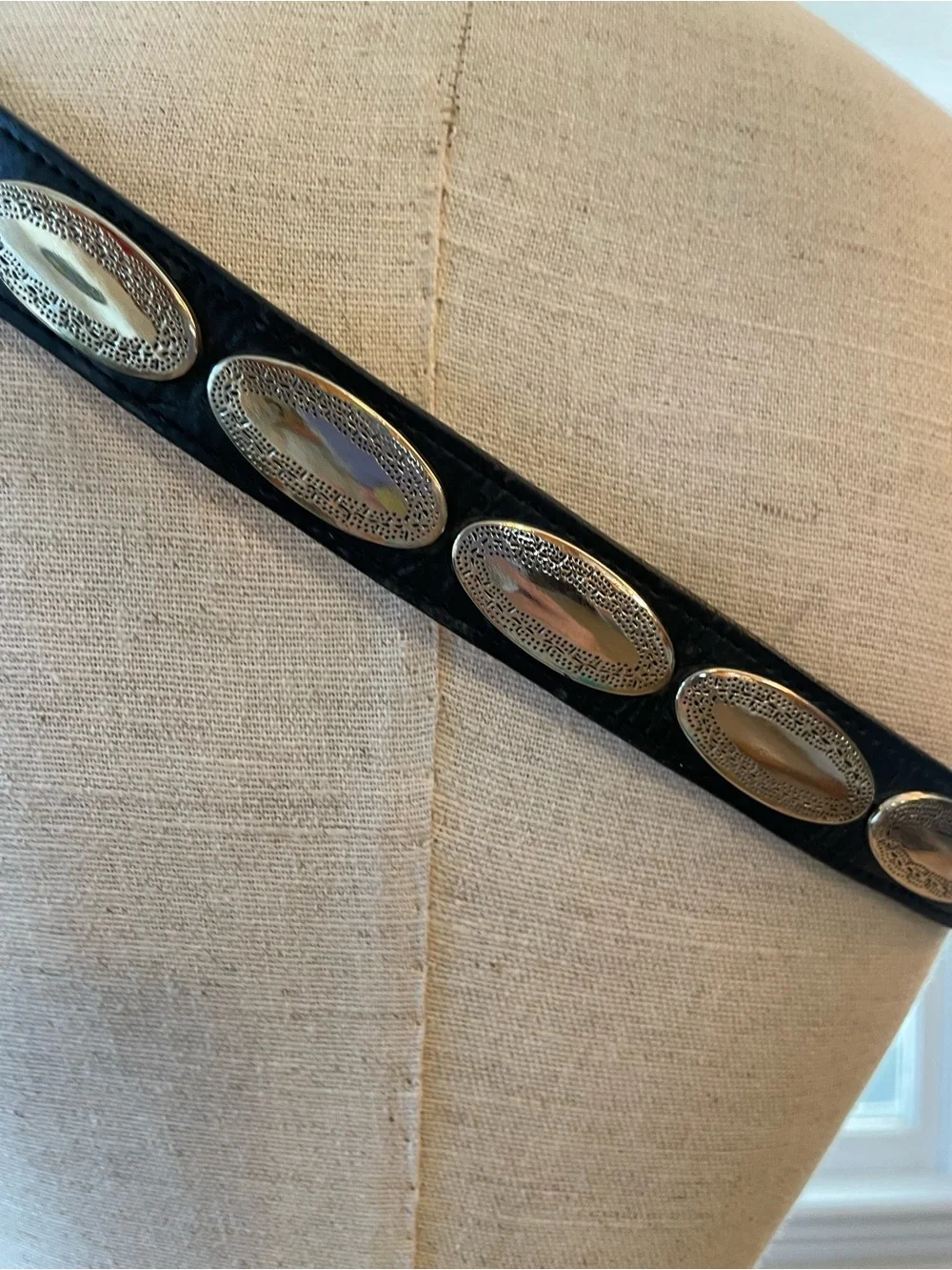 Black Leather Western‑Style Belt with Silver Engraved Buckle 31 in